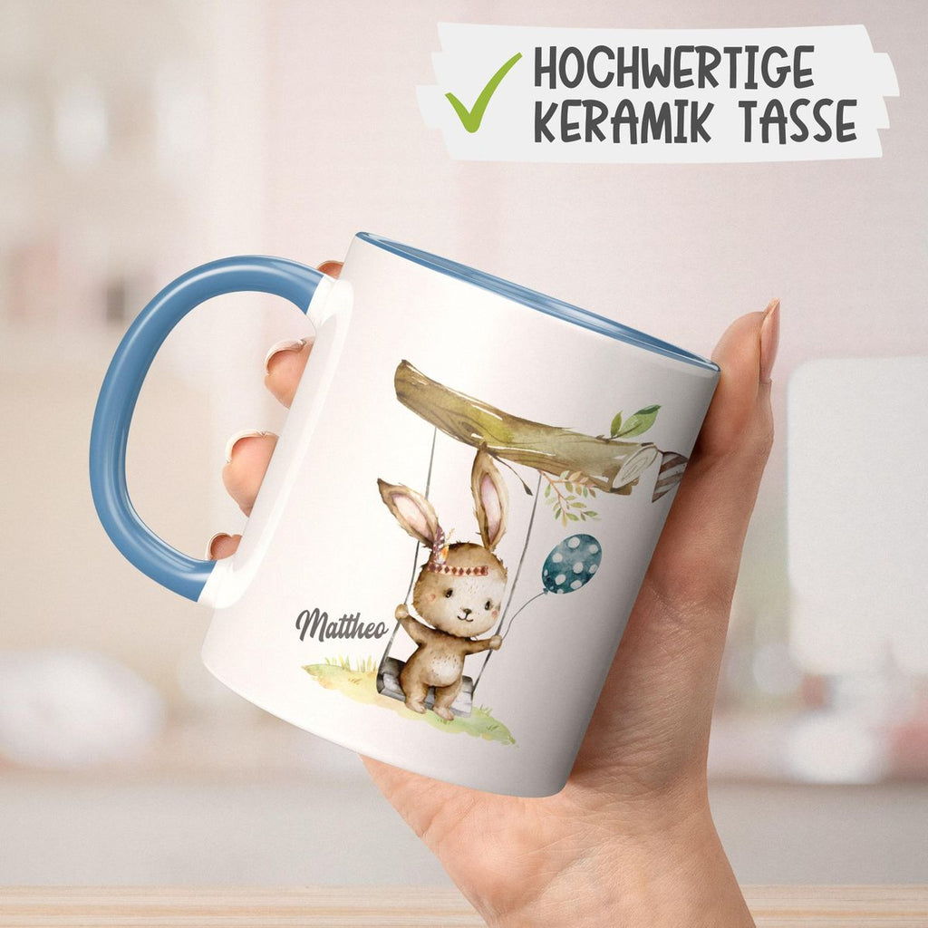 Keramik Tasse Kleiner Hase Schaukel für Jungen mit Wunschname - von Mikalino