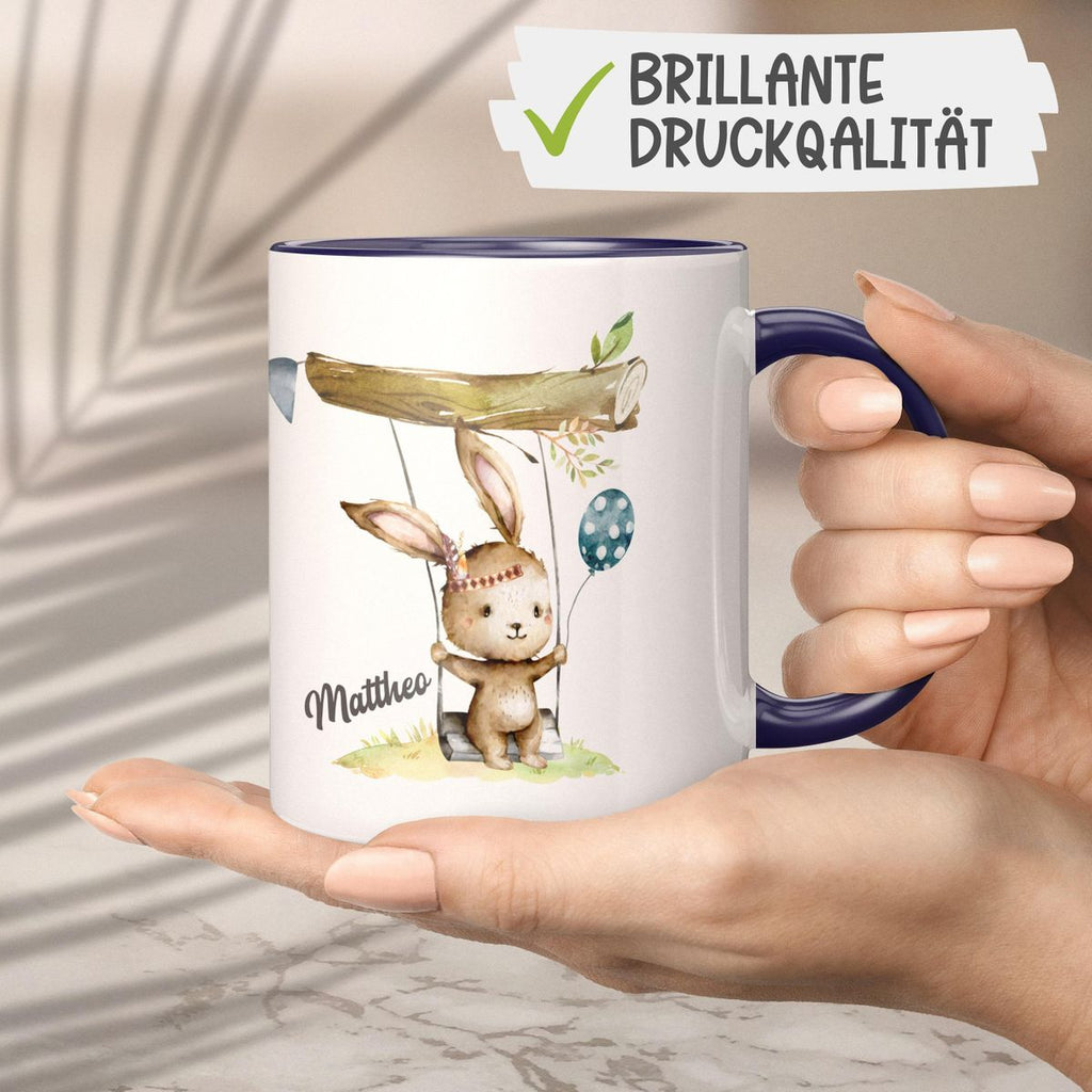 Keramik Tasse Kleiner Hase Schaukel für Jungen mit Wunschname - von Mikalino