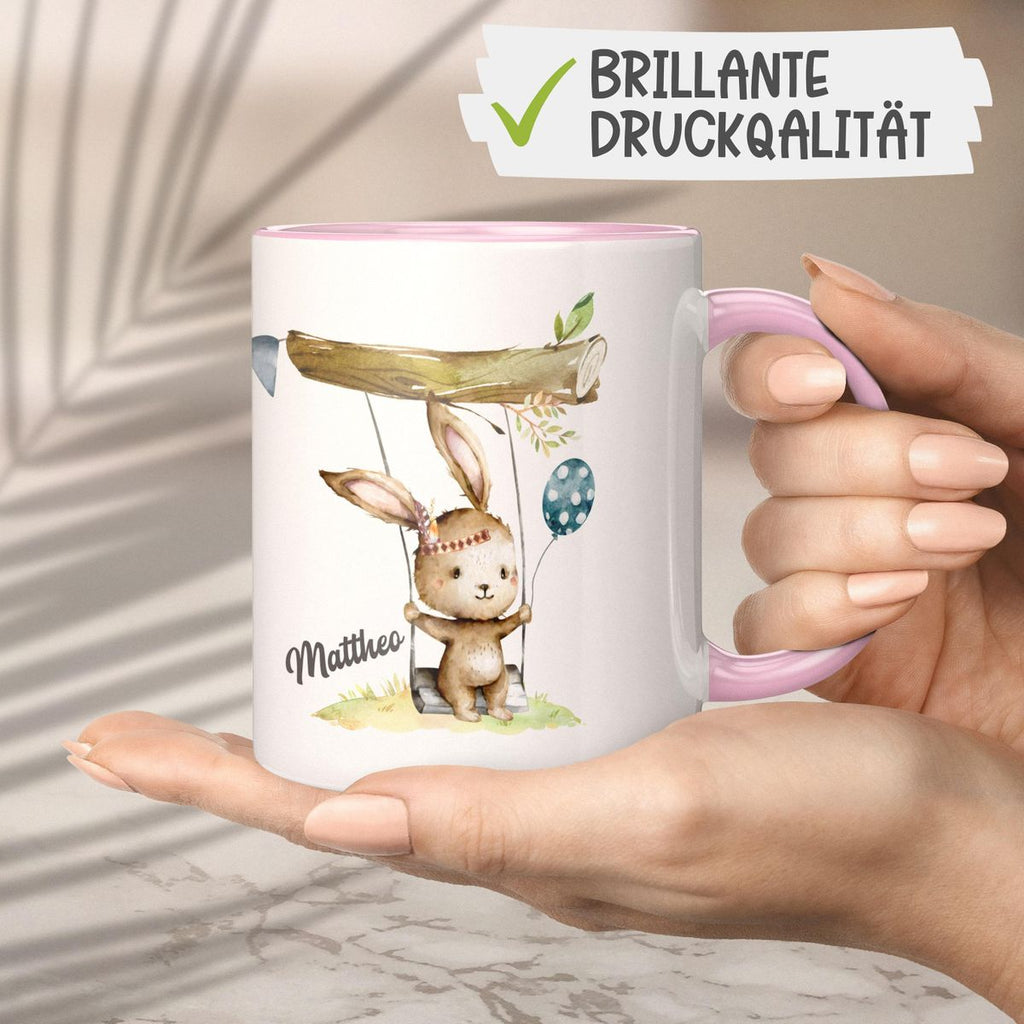 Keramik Tasse Kleiner Hase Schaukel für Jungen mit Wunschname - von Mikalino