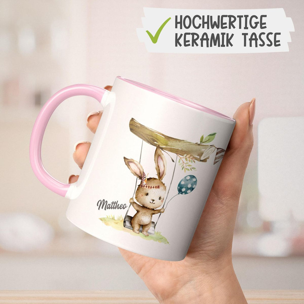 Keramik Tasse Kleiner Hase Schaukel für Jungen mit Wunschname - von Mikalino