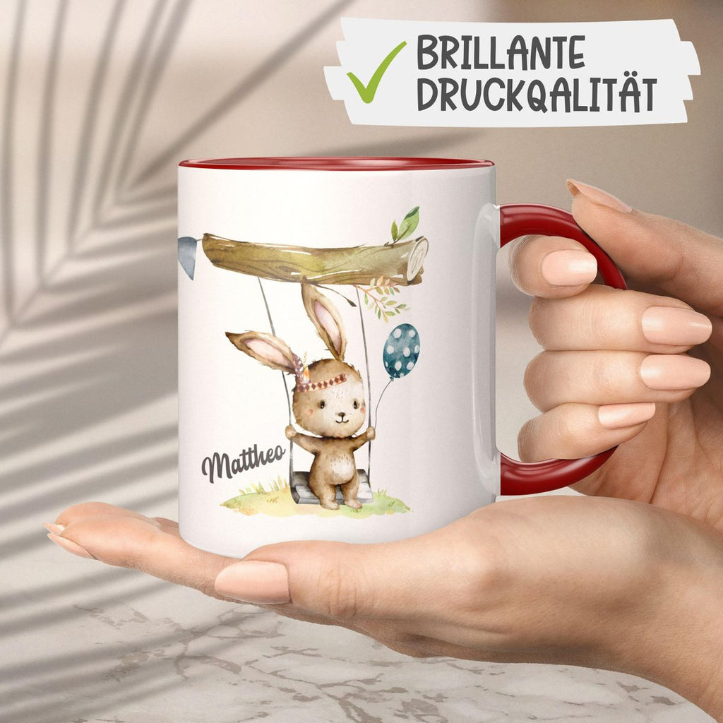 Keramik Tasse Kleiner Hase Schaukel für Jungen mit Wunschname - von Mikalino