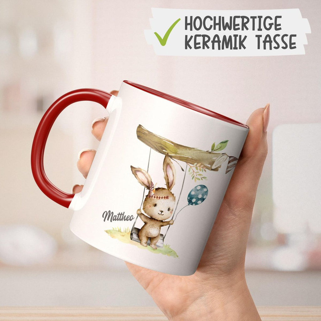 Keramik Tasse Kleiner Hase Schaukel für Jungen mit Wunschname - von Mikalino