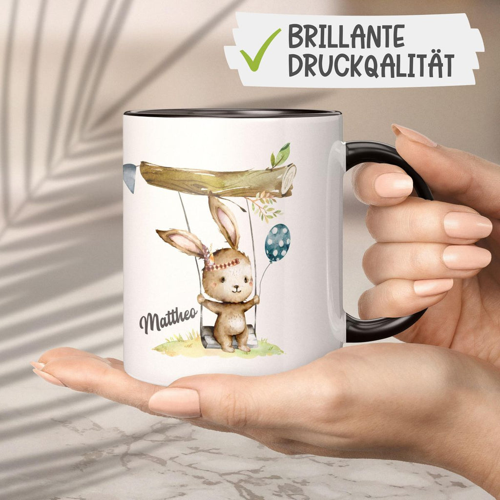 Keramik Tasse Kleiner Hase Schaukel für Jungen mit Wunschname - von Mikalino