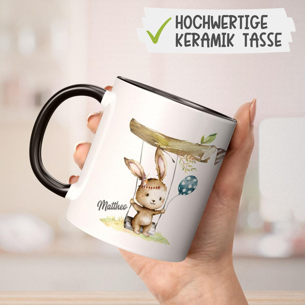 Keramik Tasse Kleiner Hase Schaukel für Jungen mit Wunschname - von Mikalino