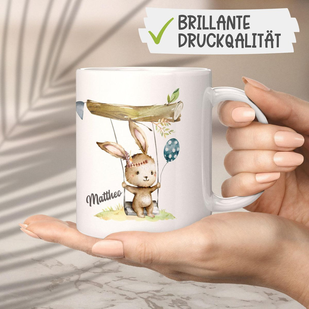 Keramik Tasse Kleiner Hase Schaukel für Jungen mit Wunschname - von Mikalino