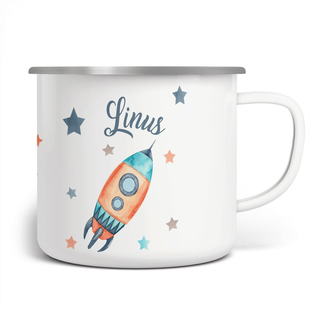 Emaille Tasse Rakete im All mit Sternen personalisiert mit Namen | handbedrucktes Geschenk - von Mikalino