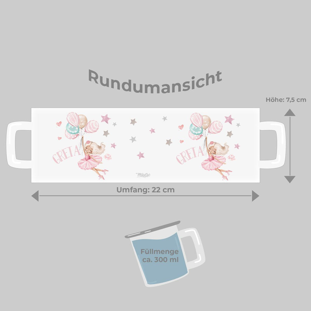 Emaille Tasse Ballerina fliegt mit Luftballons personalisiert mit Namen | handbedrucktes Geschenk - von Mikalino