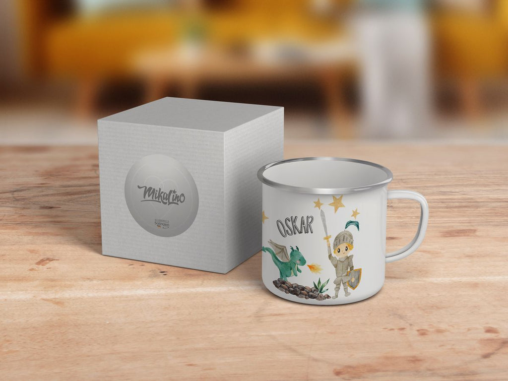 Emaille Tasse Ritter mit Schwert und Drache personalisiert mit Namen | handbedrucktes Geschenk - von Mikalino