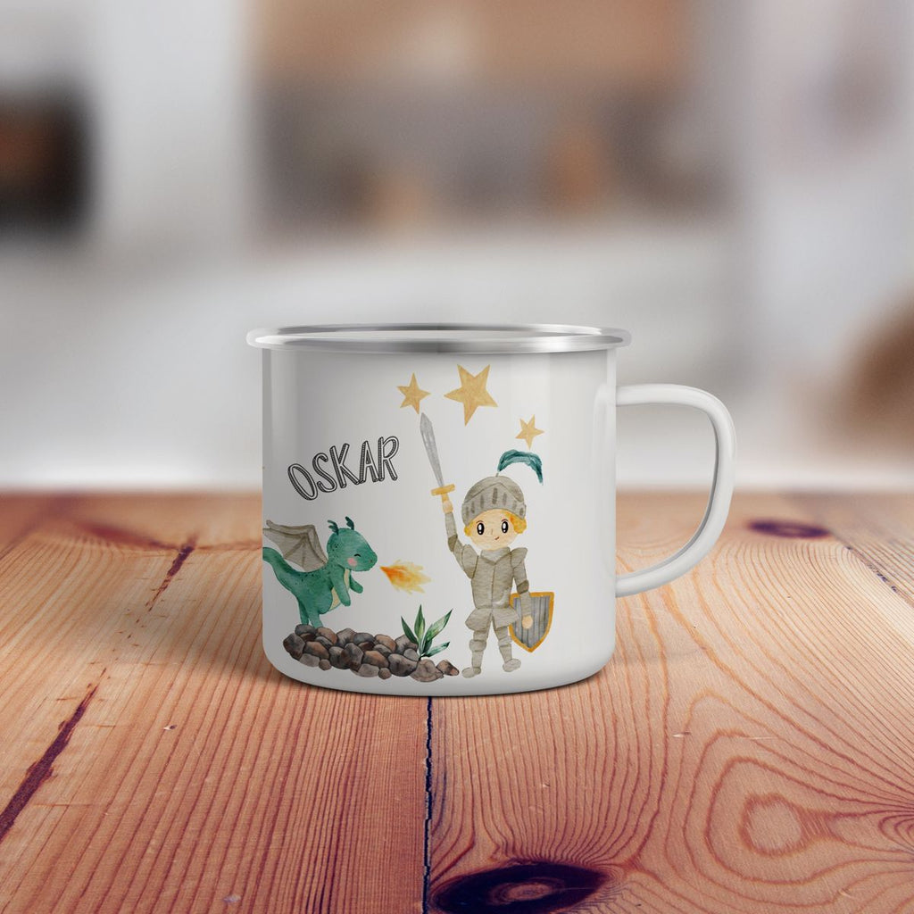 Emaille Tasse Ritter mit Schwert und Drache personalisiert mit Namen | handbedrucktes Geschenk - von Mikalino