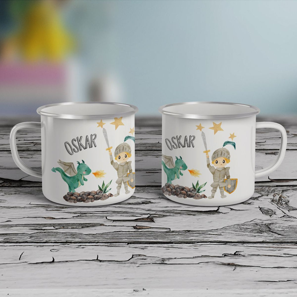 Emaille Tasse Ritter mit Schwert und Drache personalisiert mit Namen | handbedrucktes Geschenk - von Mikalino