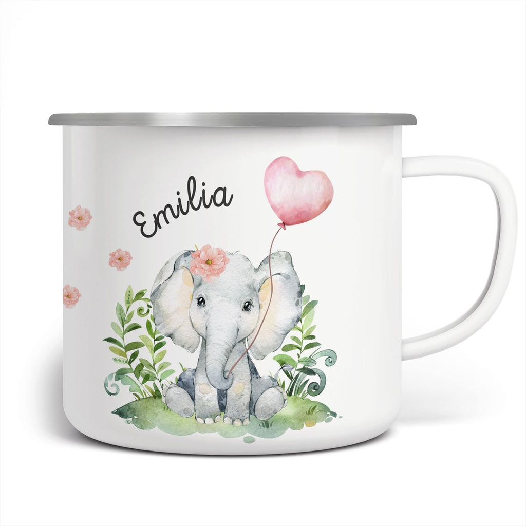 Emaille Tasse Elefant mit Herzluftballon personalisiert mit Namen | handbedrucktes Geschenk - von Mikalino