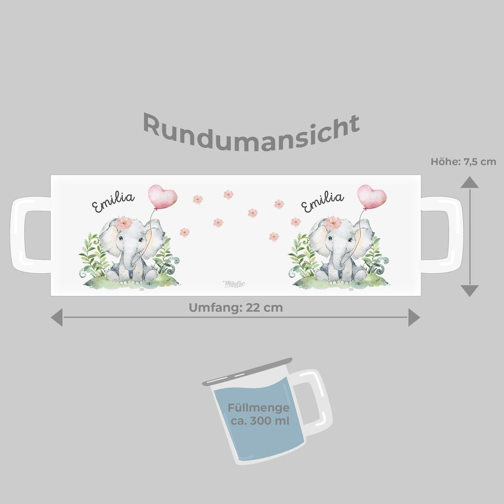 Emaille Tasse Elefant mit Herzluftballon personalisiert mit Namen | handbedrucktes Geschenk - von Mikalino