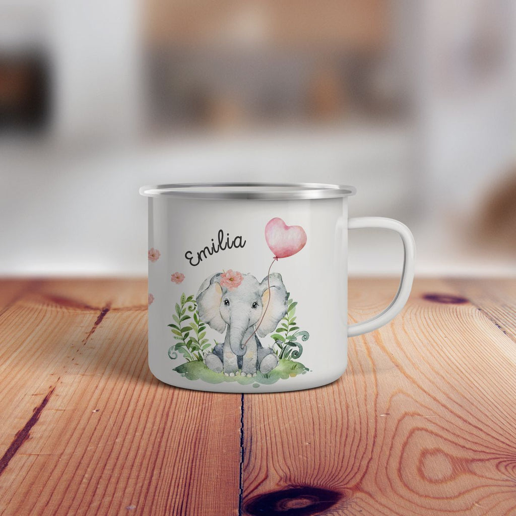 Emaille Tasse Elefant mit Herzluftballon personalisiert mit Namen | handbedrucktes Geschenk - von Mikalino