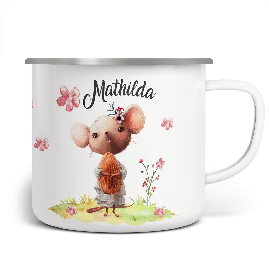 Emaille Tasse Maus mit Blumen personalisiert mit Namen | handbedrucktes Geschenk - von Mikalino