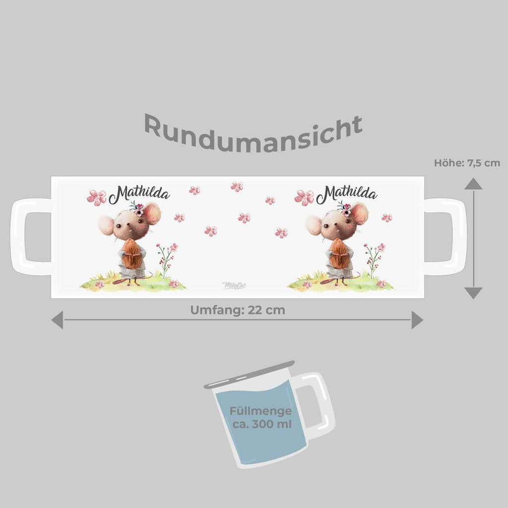 Emaille Tasse Maus mit Blumen personalisiert mit Namen | handbedrucktes Geschenk - von Mikalino