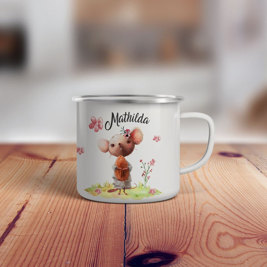 Emaille Tasse Maus mit Blumen personalisiert mit Namen | handbedrucktes Geschenk - von Mikalino