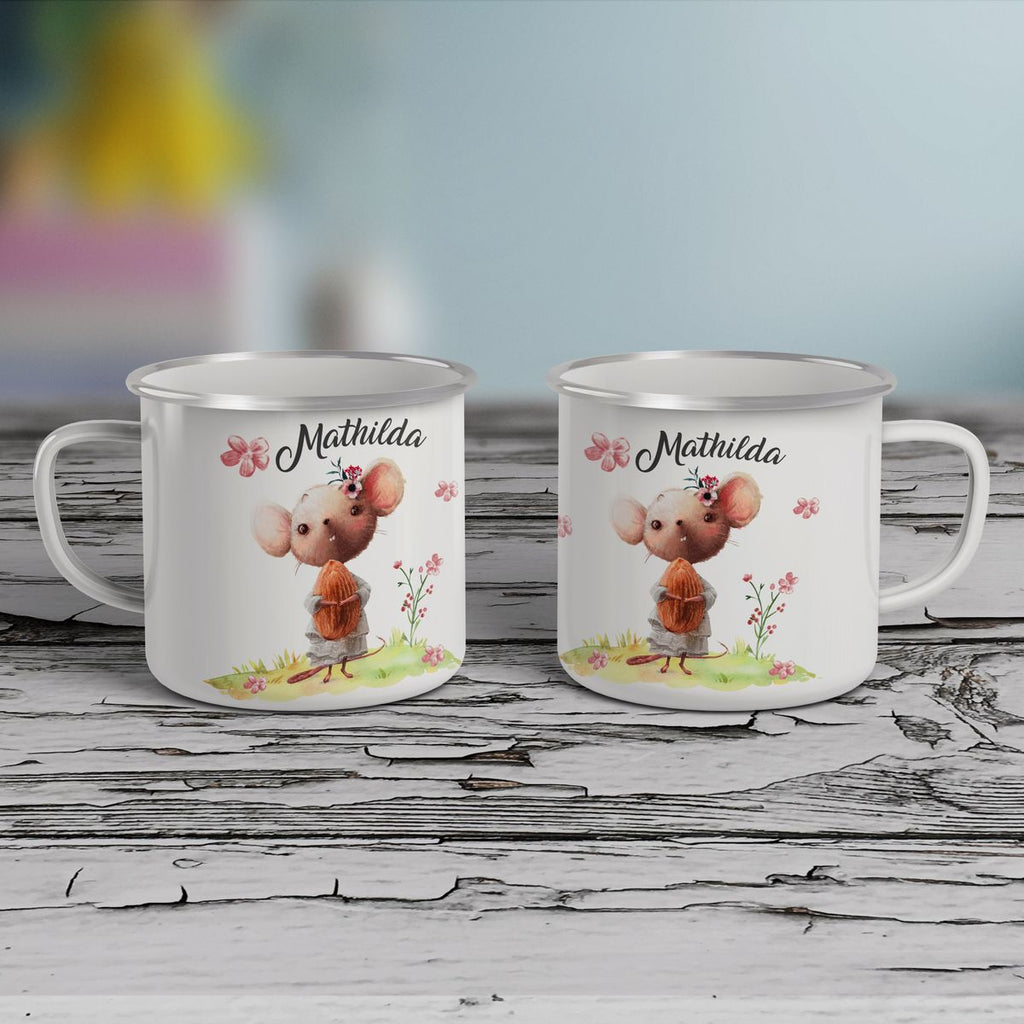 Emaille Tasse Maus mit Blumen personalisiert mit Namen | handbedrucktes Geschenk - von Mikalino