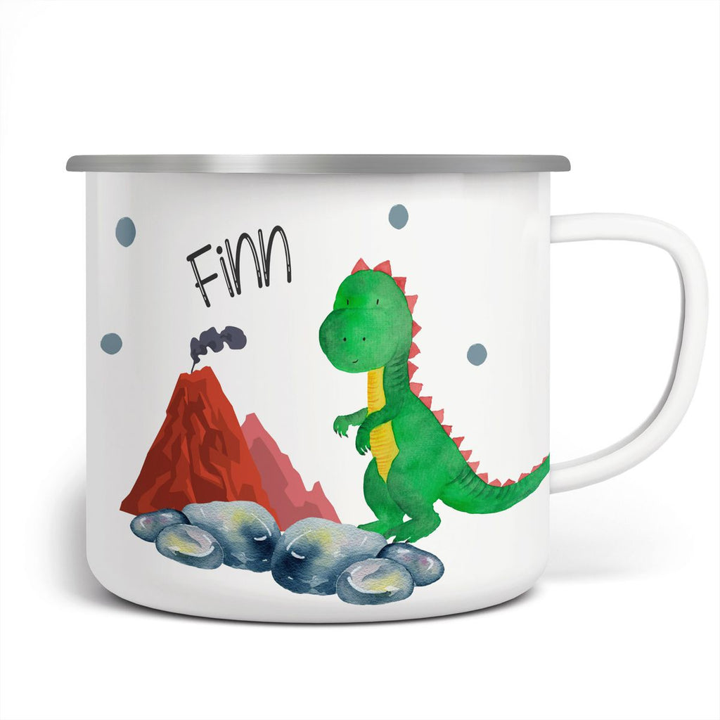 Emaille Tasse Dinosaurier und Vulkan - von Mikalino