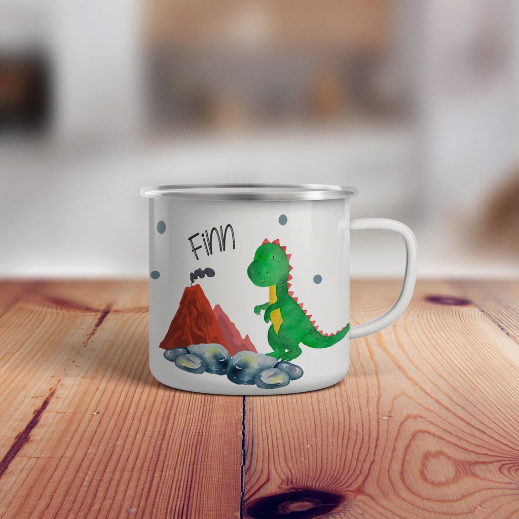 Emaille Tasse Dinosaurier und Vulkan - von Mikalino