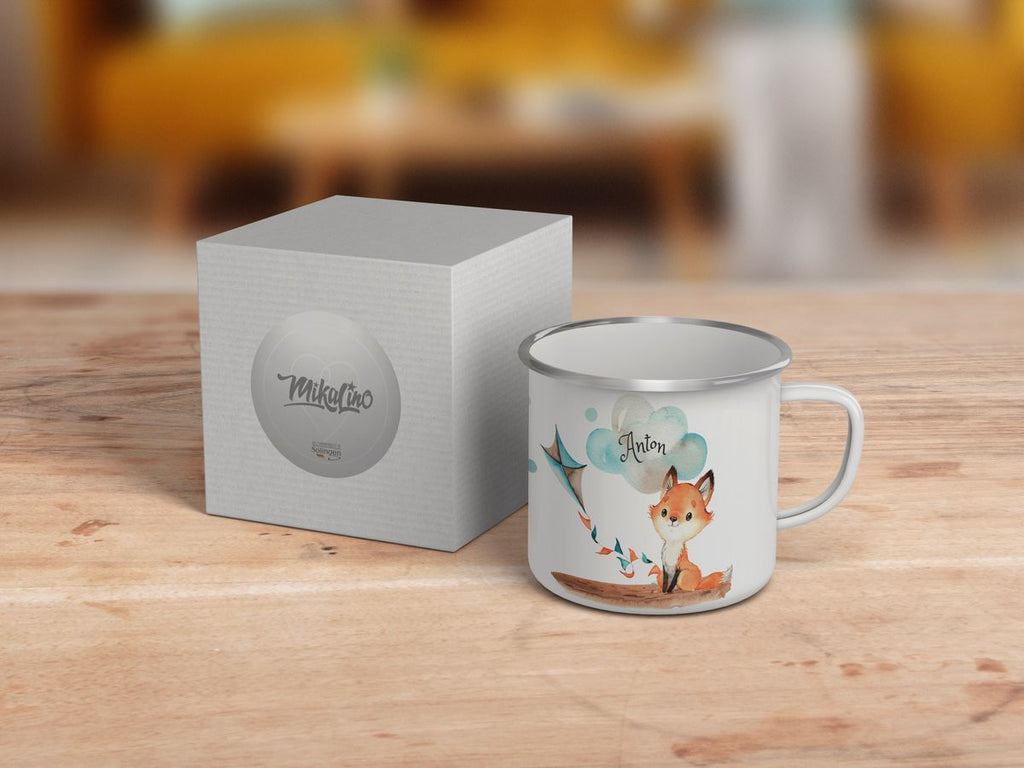 Emaille Tasse Fuchs mit Drache personalisiert mit Namen | handbedrucktes Geschenk - von Mikalino