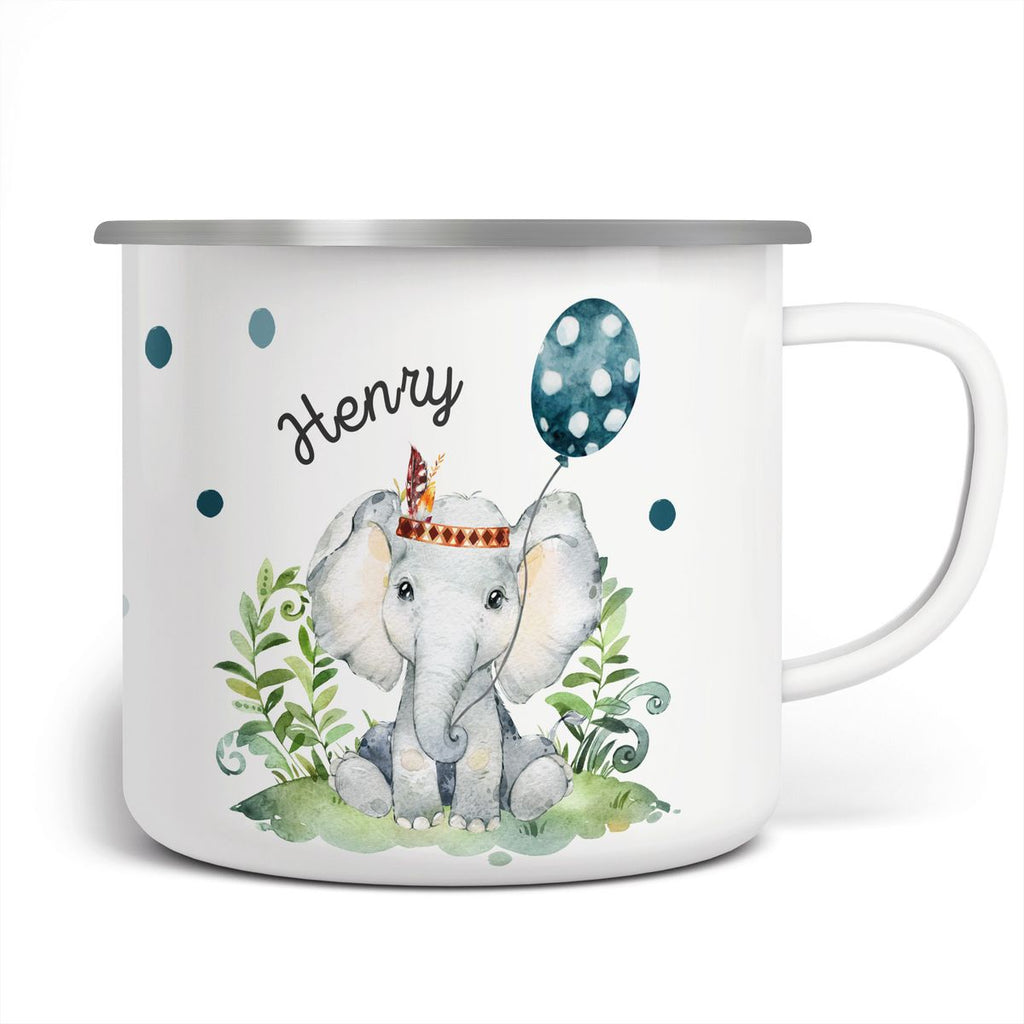 Emaille Tasse Elefant mit Luftballon personalisiert mit Namen | handbedrucktes Geschenk - von Mikalino