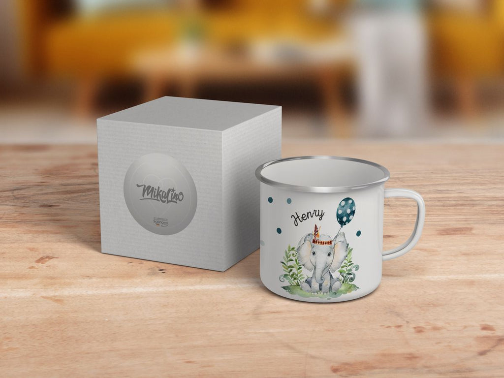 Emaille Tasse Elefant mit Luftballon personalisiert mit Namen | handbedrucktes Geschenk - von Mikalino