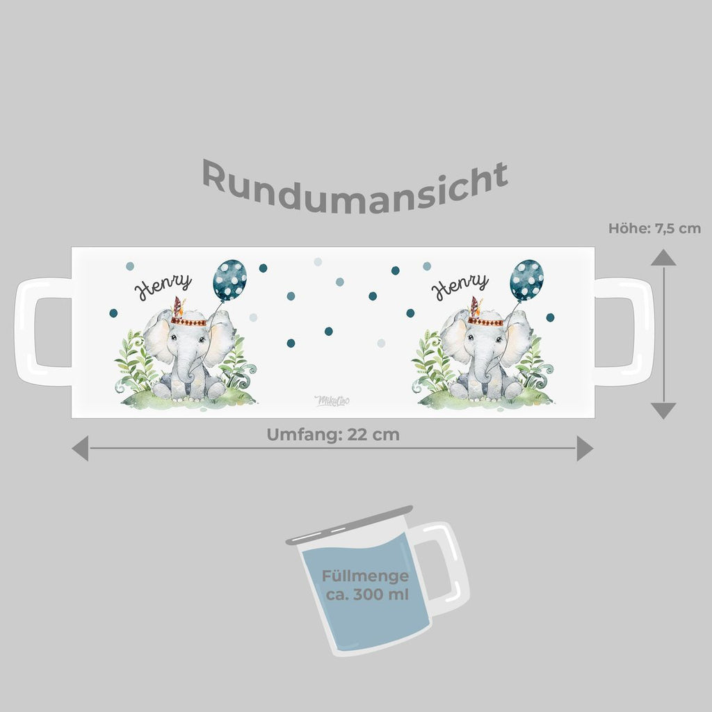 Emaille Tasse Elefant mit Luftballon personalisiert mit Namen | handbedrucktes Geschenk - von Mikalino