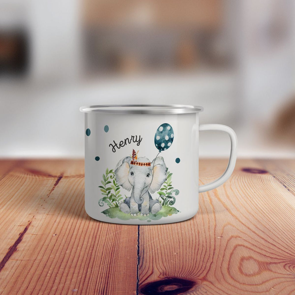 Emaille Tasse Elefant mit Luftballon personalisiert mit Namen | handbedrucktes Geschenk - von Mikalino