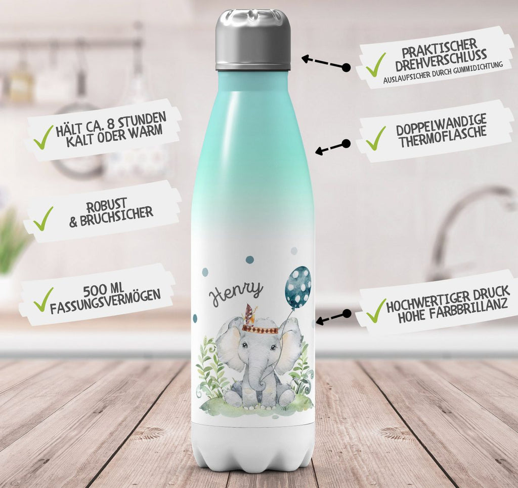 Thermo Trinkflasche Kleiner Elefant Junge mit Wunschname - von Mikalino