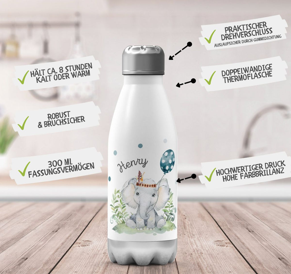 Thermo Trinkflasche Kleiner Elefant Junge mit Wunschname - von Mikalino