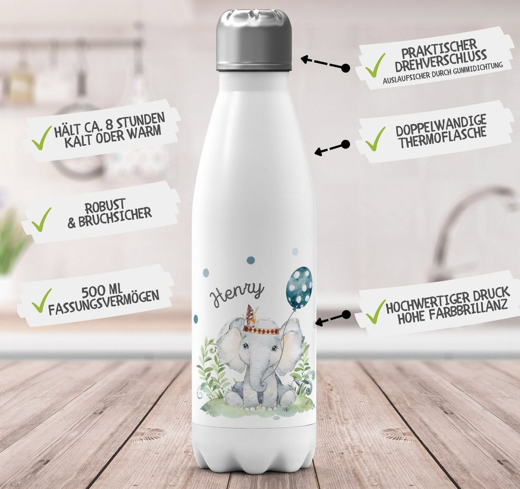 Thermo Trinkflasche Kleiner Elefant Junge mit Wunschname - von Mikalino