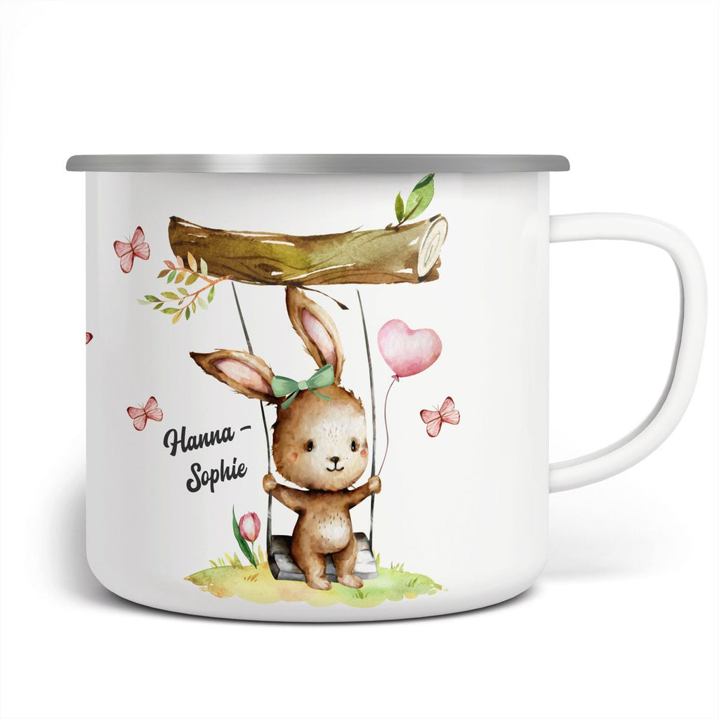 Emaille Tasse Hase auf Schaukel rosa Luftballon mit Namen - von Mikalino