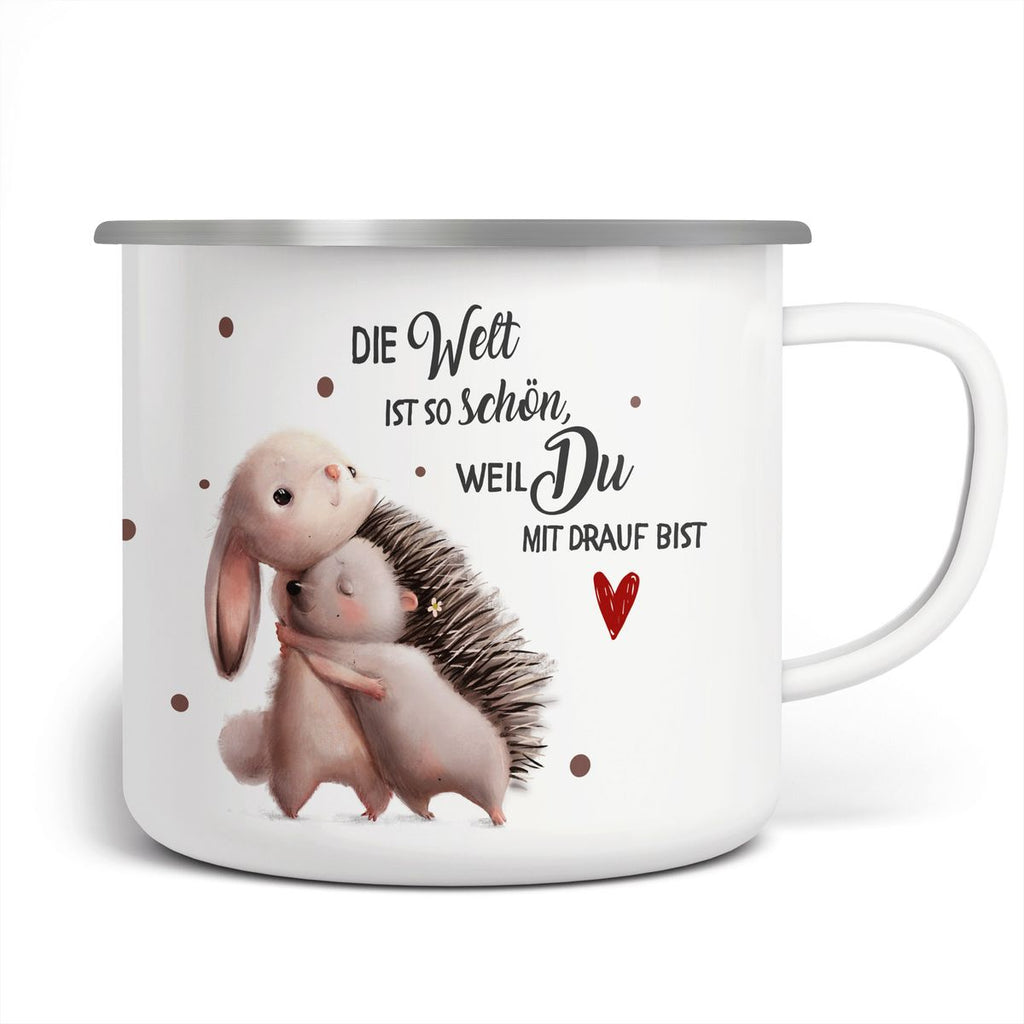 Emaille Tasse Die Welt ist so schön, weil Du mit drauf bist Hase und Igel - von Mikalino