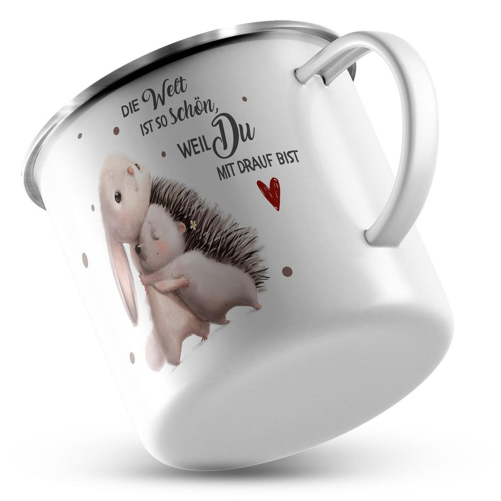 Emaille Tasse Die Welt ist so schön, weil Du mit drauf bist Hase und Igel - von Mikalino