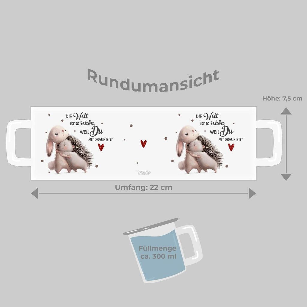 Emaille Tasse Die Welt ist so schön, weil Du mit drauf bist Hase und Igel - von Mikalino