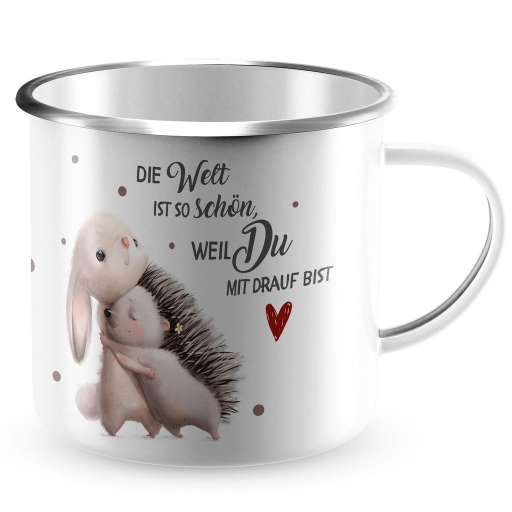 Emaille Tasse Die Welt ist so schön, weil Du mit drauf bist Hase und Igel - von Mikalino