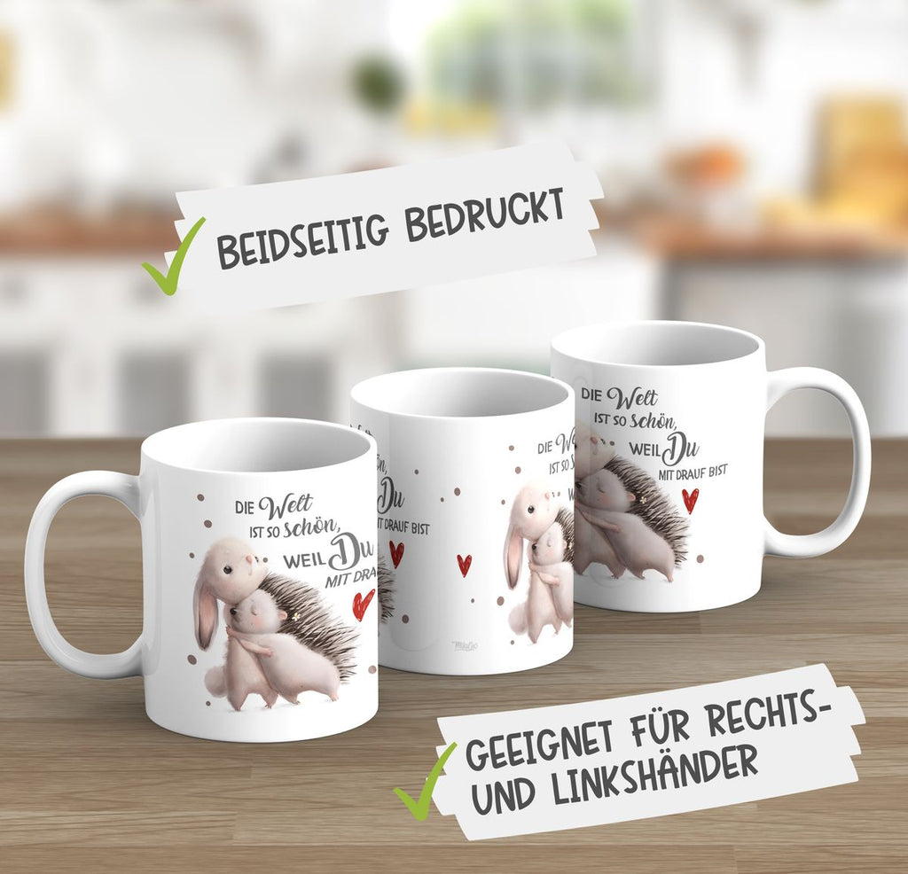 Keramik Tasse Die Welt ist so schön, weil Du mit drauf bist Hase und Igel - von Mikalino