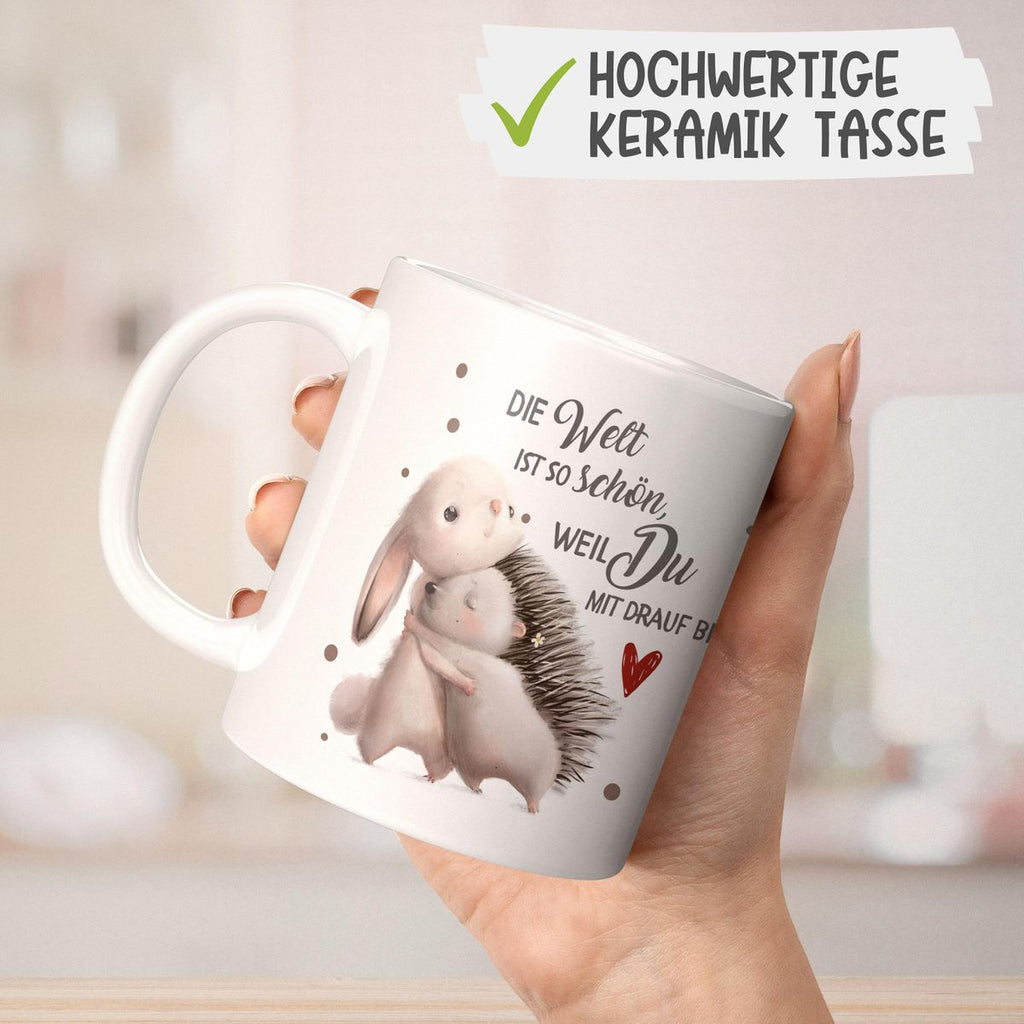 Keramik Tasse Die Welt ist so schön, weil Du mit drauf bist Hase und Igel - von Mikalino