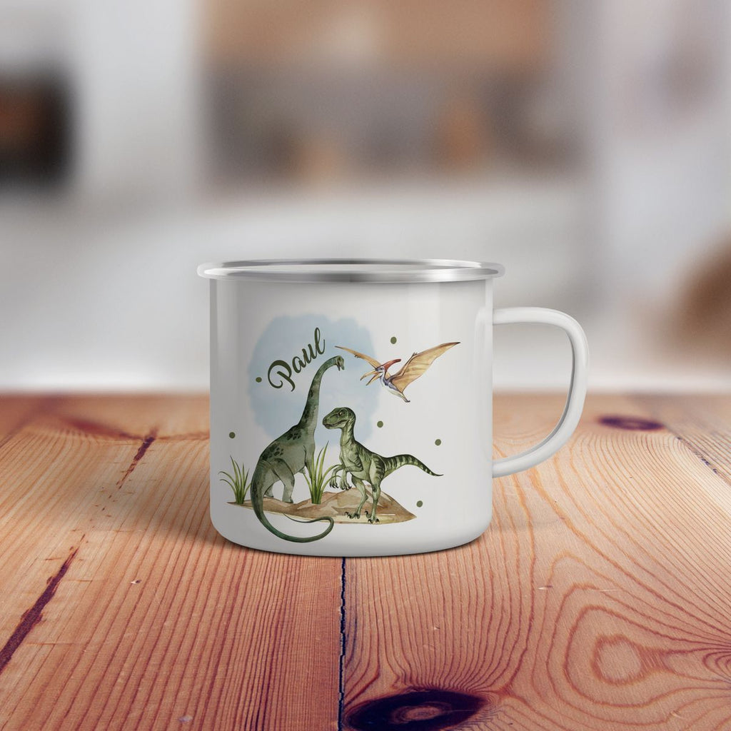 Emaille Tasse Dinosaurier mit Namen - von Mikalino