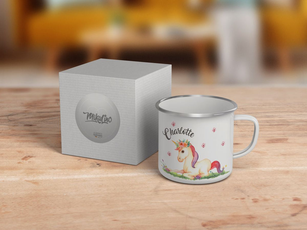 Emaille Tasse Einhorn liegend mit Namen - von Mikalino