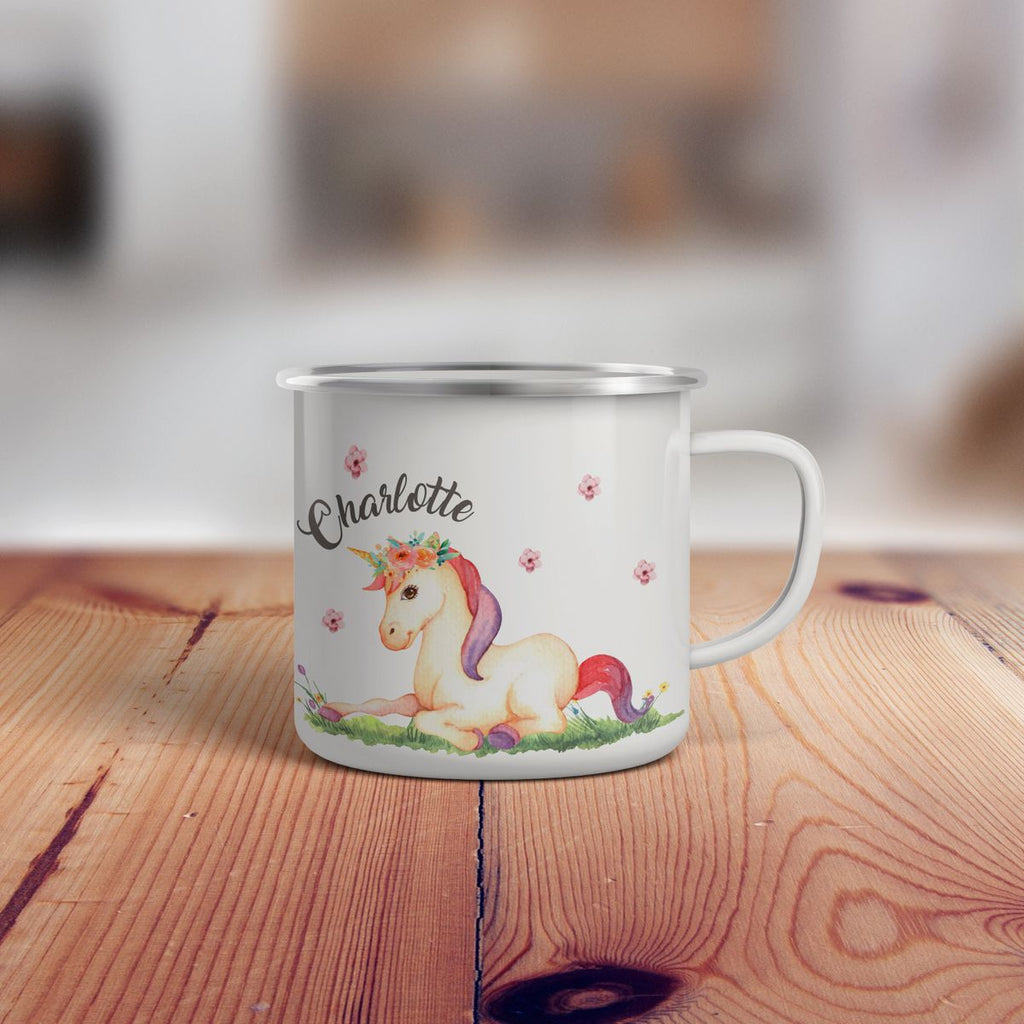 Emaille Tasse Einhorn liegend mit Namen - von Mikalino