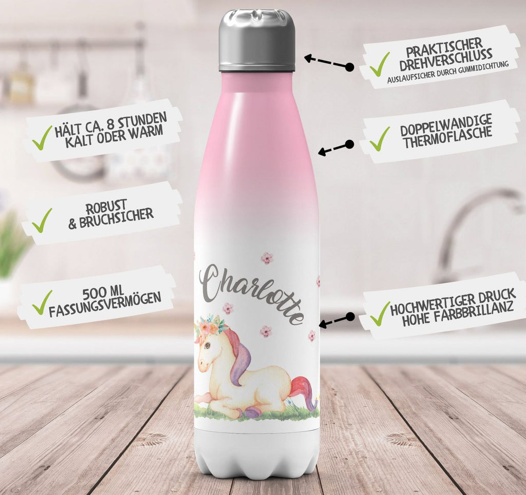 Thermo Trinkflasche Einhorn liegend mit Namen - von Mikalino