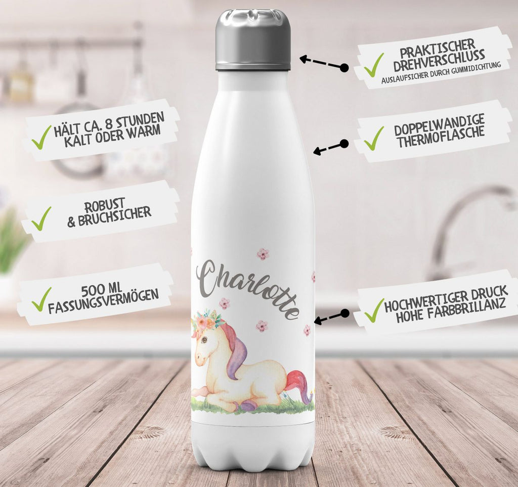 Thermo Trinkflasche Einhorn liegend mit Namen - von Mikalino