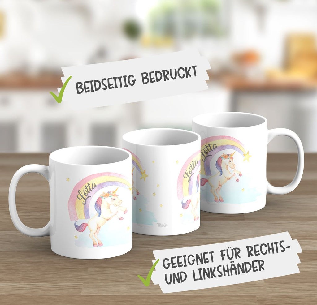 Keramik Tasse Einhorn Regenbogen mit Namen - von Mikalino