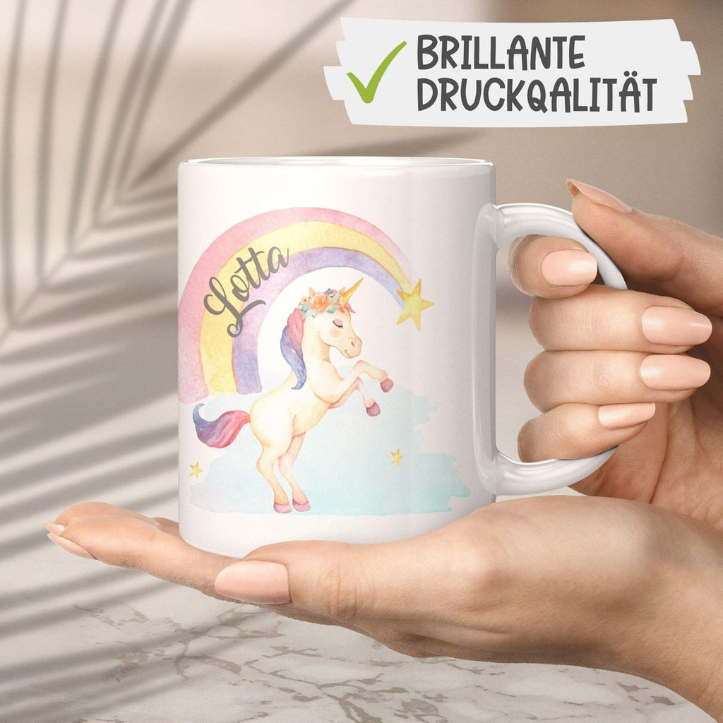 Keramik Tasse Einhorn Regenbogen mit Namen - von Mikalino