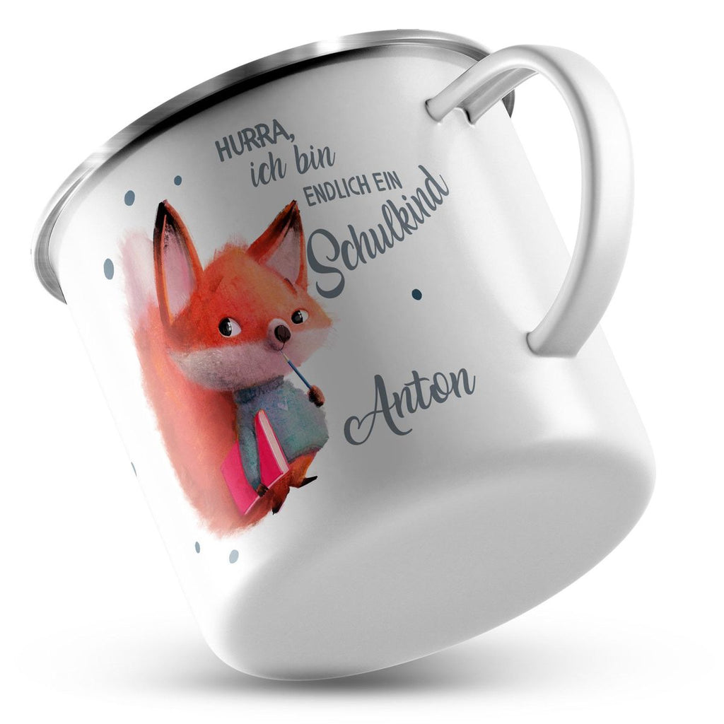 Emaille Tasse Endlich Schulkind - Fuchs mit Namen - von Mikalino