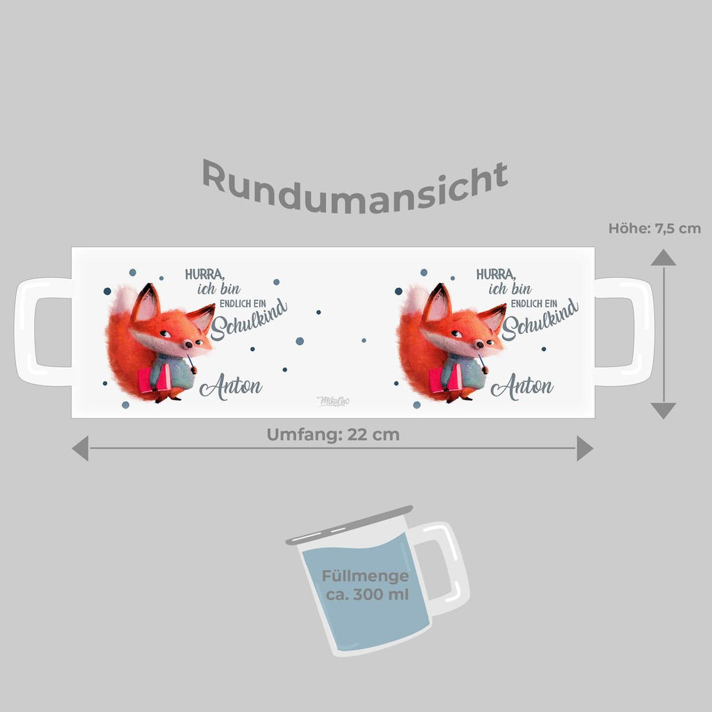 Emaille Tasse Endlich Schulkind - Fuchs mit Namen - von Mikalino