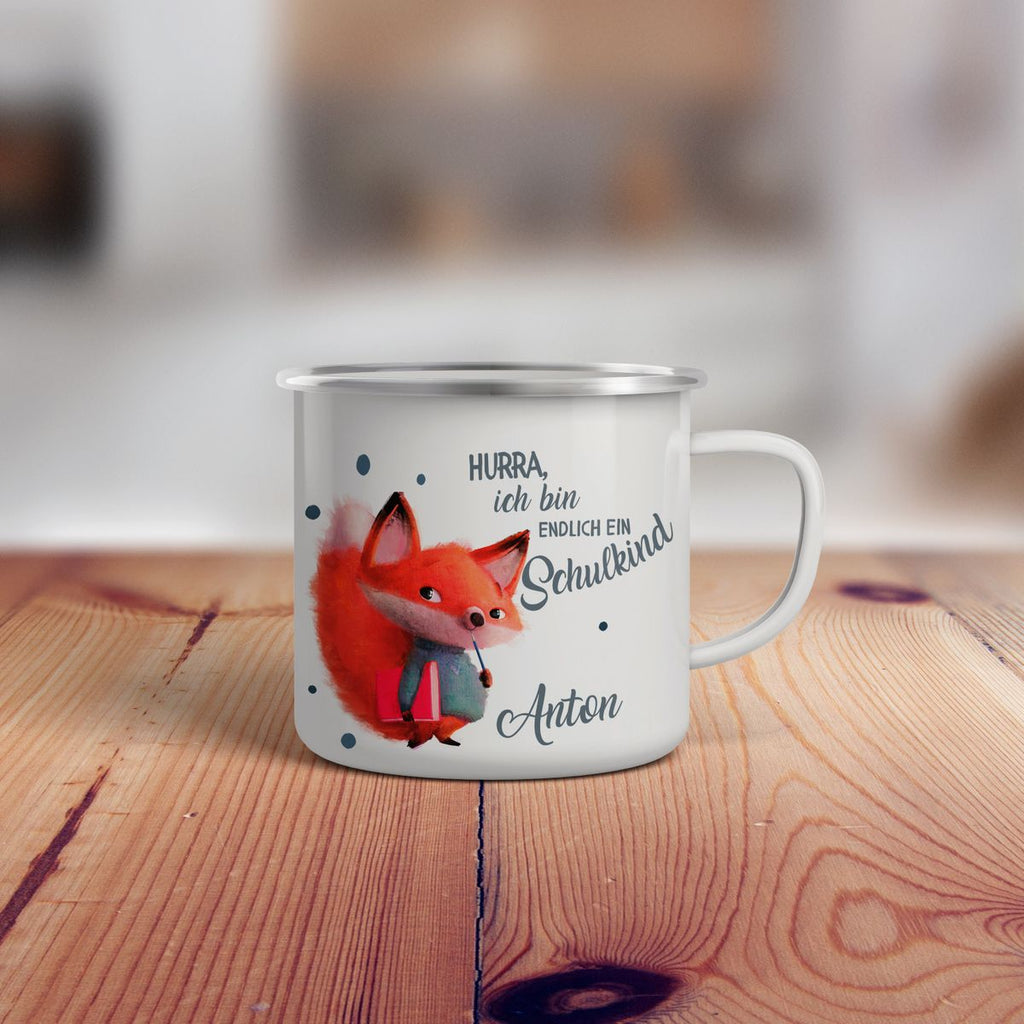 Emaille Tasse Endlich Schulkind - Fuchs mit Namen - von Mikalino