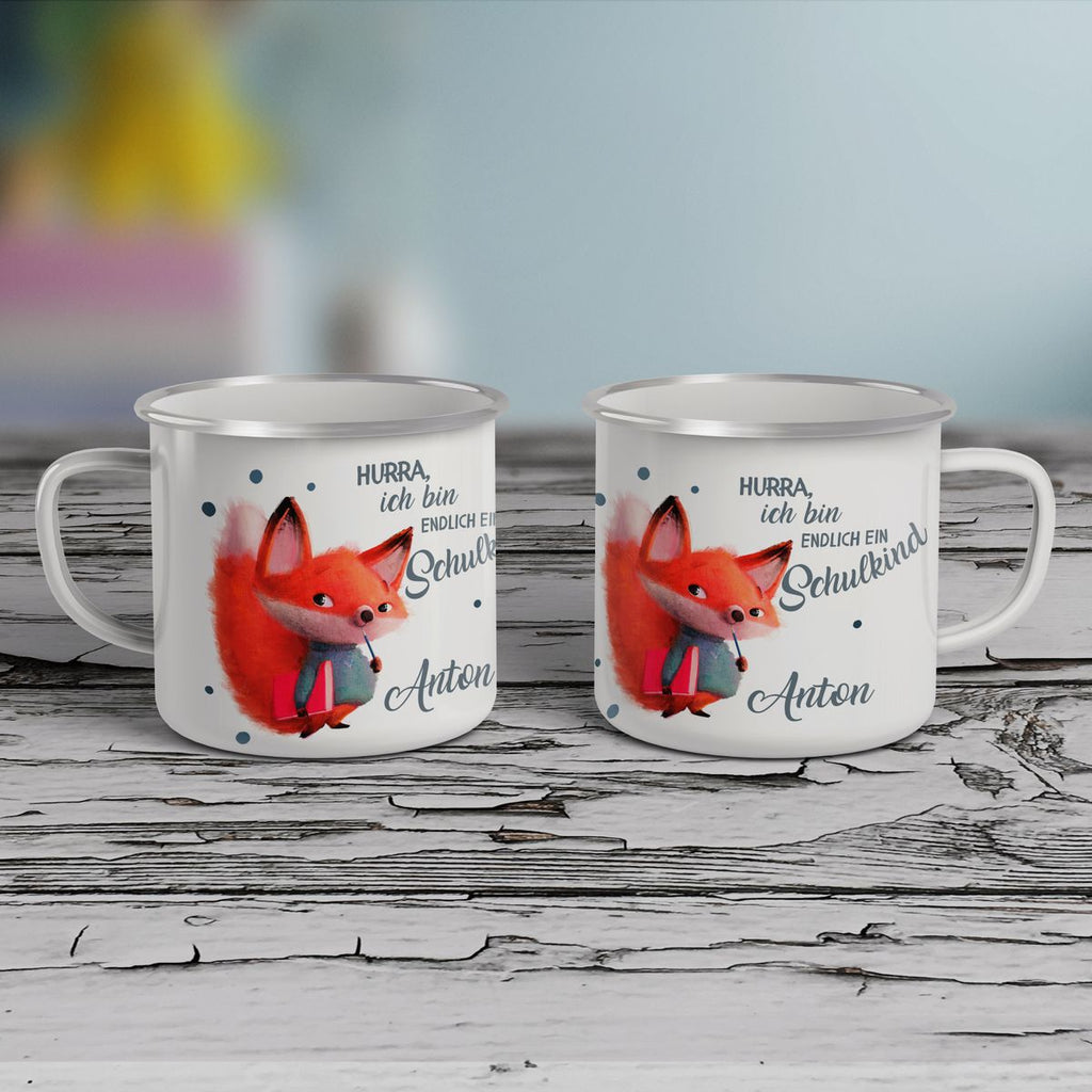 Emaille Tasse Endlich Schulkind - Fuchs mit Namen - von Mikalino