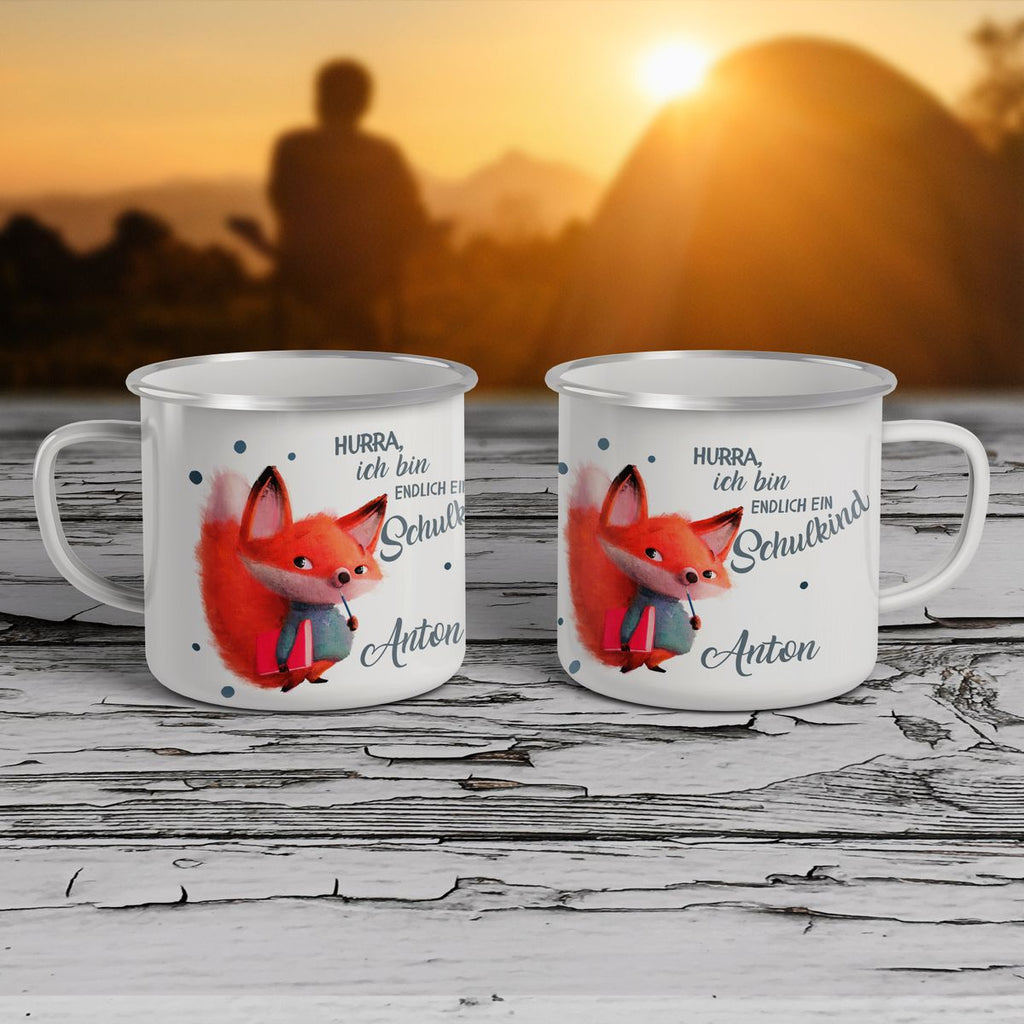 Emaille Tasse Endlich Schulkind - Fuchs mit Namen - von Mikalino